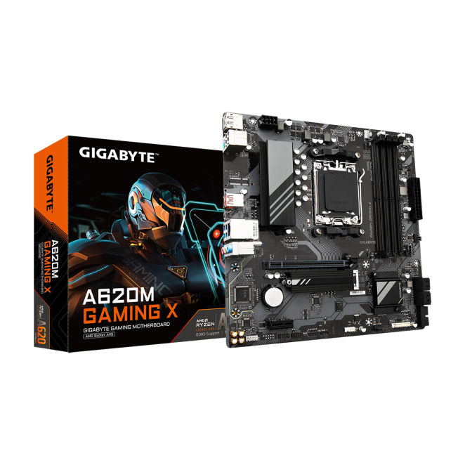 GIGABYTE A620M GAMING X Placa base con Soporte AMD Ryzen 8000 y VRM digital Imagen de la GIGABYTE A620M GAMING X, una placa base compatible con CPUs AMD Ryzen 8000, VRM digital de 8+2+1 fases, hasta 8000MHz DDR5, 1xPCIe 4.0 M.2, LAN GbE y USB 3.2 Gen 2. SKU: A620M GAMING X