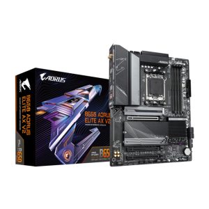 Imagen de la placa base GIGABYTE B650 AORUS ELITE AX V2, compatible con procesadores AMD Ryzen serie 9000, incluye VRM de 12+2+2 fases, soporte para memoria DDR5 hasta 8000 MHz, un puerto PCIe 5.0 y dos puertos PCIe 4.0 M.2, LAN de 2,5 GbE, WIFI 6E y puertos USB 3.2 Gen 2. SKU: B650 A ELITE AX V2.