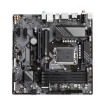 Vista de la GIGABYTE B760M DS3H AX Placa Base, compatible con procesadores Intel Core de 14ª generación, con VRM digital de 6+2+1 fases, soporta hasta 7600MHz DDR5 (OC), 2 puertos PCIe 4.0 M.2, Wi-Fi 6E, LAN 2.5GbE, y USB 3.2 Gen 2. SKU: B760M DS3H AX