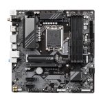 Vista de la GIGABYTE B760M DS3H AX Placa Base, compatible con procesadores Intel Core de 14ª generación, con VRM digital de 6+2+1 fases, soporta hasta 7600MHz DDR5 (OC), 2 puertos PCIe 4.0 M.2, Wi-Fi 6E, LAN 2.5GbE, y USB 3.2 Gen 2. SKU: B760M DS3H AX