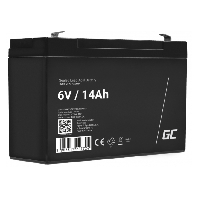 Green Cell Batería para UPS Sealed Lead Acid VRLA 6V 14Ah Vista de la batería Green Cell AGM34 para sistemas UPS, Sealed Lead Acid VRLA, que ofrece 6V y una capacidad de 14Ah