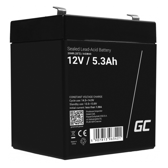 Green Cell batería para sistema UPS AGM45 de 12V 5,3Ah Imagen de la batería Green Cell AGM45 para sistema UPS, Sealed Lead Acid (VRLA), 12 V 5,3 Ah, SKU: AGM45