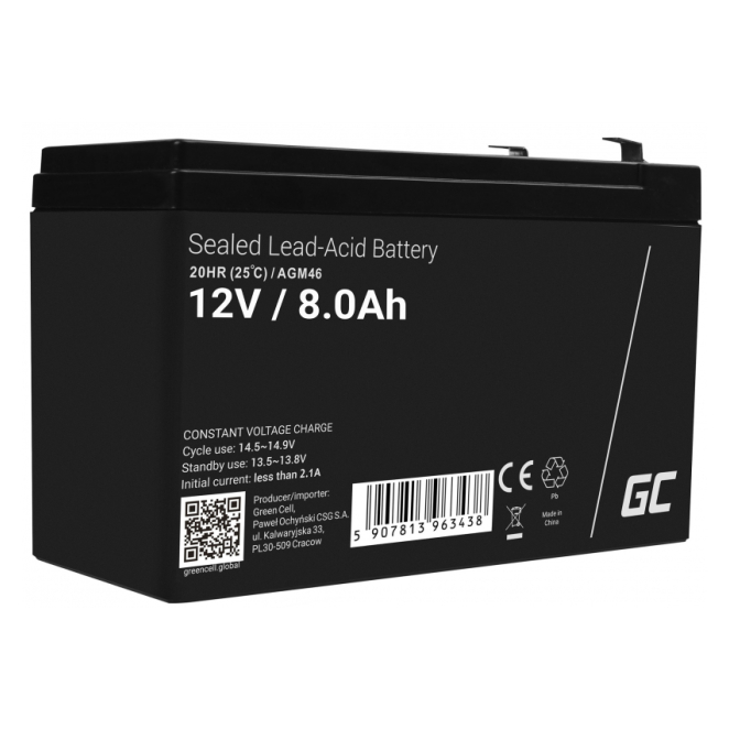 Green Cell batería recargable industrial 8000 mAh 12V Green Cell AGM46 batería recargable industrial Sealed Lead Acid (VRLA) de 8000 mAh y 12V.