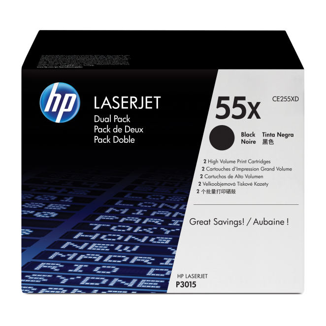 HP Pack de Ahorro 2 Cartuchos de Tóner LaserJet 55X Alta Capacidad Negro Paquete de ahorro de 2 cartuchos de tóner original HP LaserJet 55X de alta capacidad en color negro. SKU: CE255XD.