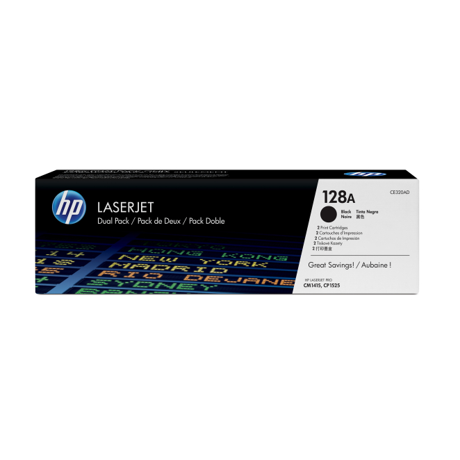 HP Pack 2 cartuchos de tóner LaserJet 128A negro Pack de 2 cartuchos de tóner original HP LaserJet 128A en color negro, SKU CE320AD. Ideal para impresiones de alta calidad.