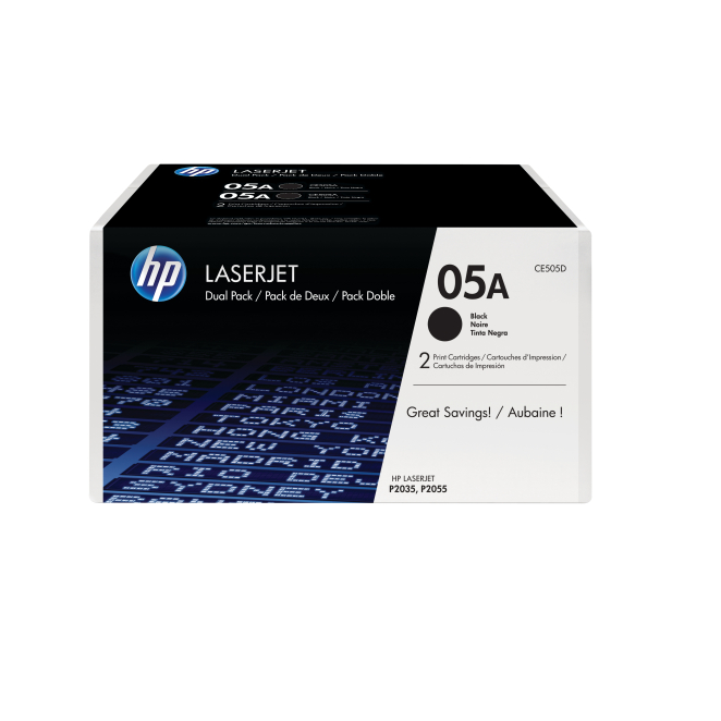 HP pack de 2 cartuchos de tóner LaserJet negro alta calidad Pack de 2 cartuchos de tóner originales HP 05A LaserJet en color negro, SKU CE505D, ideal para impresoras láser, rendimiento y calidad de impresión óptimos