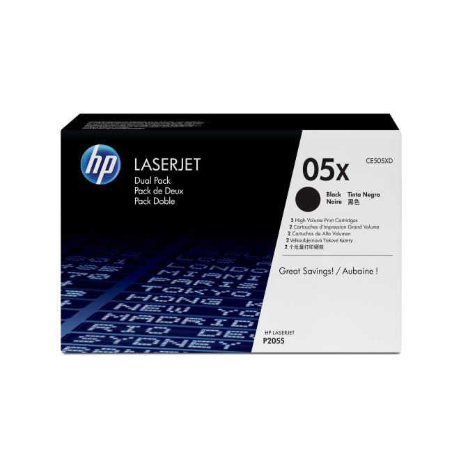 HP Paquete de 2 cartuchos de tóner LaserJet negro de alta capacidad HP Paquete de 2 cartuchos de Tóner Original LaserJet 05X negro de alta capacidad, SKU: CE505XD
