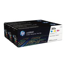 Pack de 3 cartuchos de tóner original HP LaserJet 305A en colores cian, magenta y amarillo. SKU: CF370AM