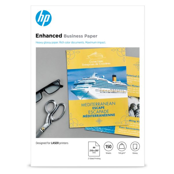 Papel láser brillante profesional de HP, 150 gramos por metro cuadrado, 150 hojas por paquete, tamaño A4 (210 x 297 mm). SKU: CG965A