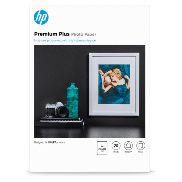 Imagen del producto HP Papel fotográfico Premium Plus brillante en tamaño A4 con 20 hojas, SKU CR672A