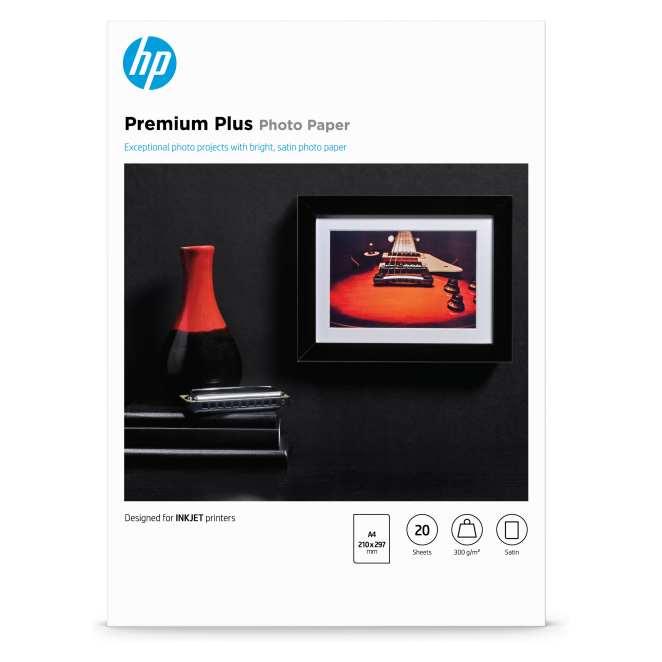 HP Papel fotográfico semibrillante Premium Plus A4 20 hojas HP Papel fotográfico semibrillante Premium Plus, 20 hojas, tamaño A4, 210 x 297 mm, SKU CR673A