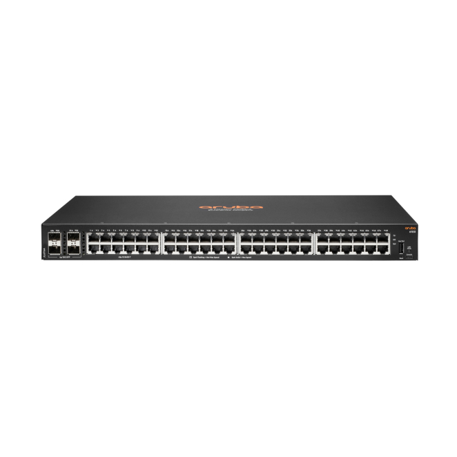 HPE Aruba 6100 Switch Gestionado L3 48G 4SFP+ Negro Imagen del switch HPE Aruba 6100 48G con 4SFP+ gestionado L3 Gigabit Ethernet, modelo en color negro con SKU JL676A#ABB