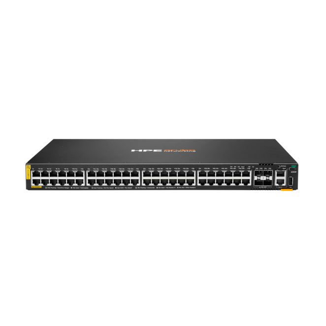 HPE Aruba Switch CX 6200F 48G PoE 370W Switch HPE Aruba Networking CX 6200F con 48 puertos Gigabit Ethernet, soporte PoE de 370W, 4 puertos SFP+ y gestión L3. SKU: JL727B#ABB
