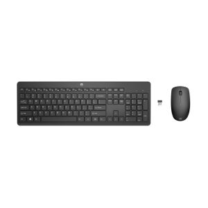 Vista frontal del combo de teclado y ratón inalámbricos HP modelo 18H24AA#ABE con diseño ergonómico y batería de larga duración
