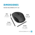Vista del HP Ratón inalámbrico 150 con conexión USB y diseño ergonómico, SKU 2S9L1AA#ABB