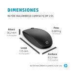 Vista del HP Ratón inalámbrico compacto 235, SKU 4E407UT#AC3, diseñado para ofrecer un control preciso y comodidad en su uso.