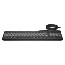 Imagen del HP Teclado con cable 400 retroiluminado, SKU 7N7C0AA#ABE, mostrando diseño ergonómico con iluminación LED