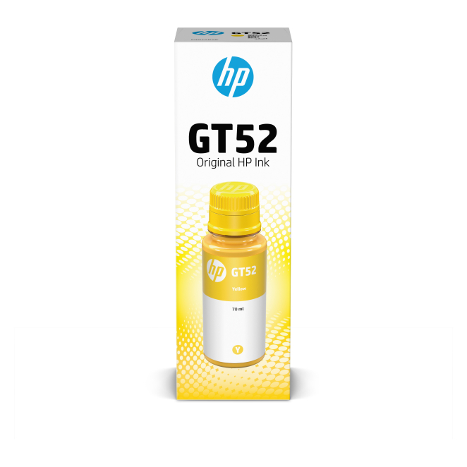 HP Botella de Tinta Original GT52 Amarilla 70ml Imagen de la botella de tinta original HP GT52 amarilla de 70ml con el SKU M0H56AE para impresoras HP.