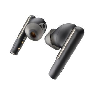 Vista frontal de los auriculares intraurales Poly Voyager Free 60/60+ negros con certificación Microsoft Teams. SKU 8L5A8AA
