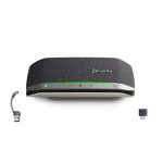 Altavoz portátil Poly Sync 20+M Speakerphone con adaptador USB-C/A, SKU B95VLAA#AC3, ideal para conferencias y llamadas multipunto, compacto y de alta calidad de sonido.
