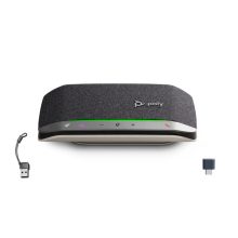 Altavoz portátil Poly Sync 20+M Speakerphone con adaptador USB-C/A, SKU B95VLAA#AC3, ideal para conferencias y llamadas multipunto, compacto y de alta calidad de sonido.