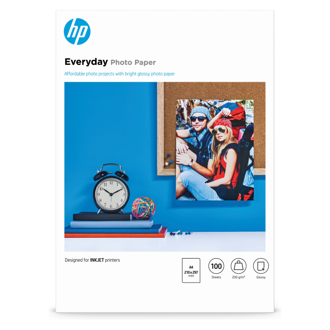 HP Papel fotográfico brillo 100 hojas A4 210 x 297 mm HP Papel fotográfico con brillo Everyday - 100 hojas A4 210 x 297 mm SKU Q2510A, ideal para impresiones de alta calidad