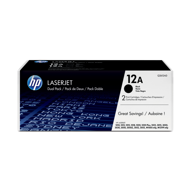 HP Pack de ahorro de 2 cartuchos de tóner LaserJet 12A negro Pack de ahorro de 2 cartuchos de tóner original HP LaserJet 12A en color negro para impresoras LaserJet. SKU: Q2612AD