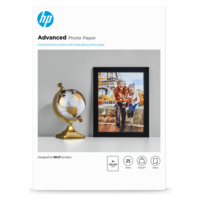 HP Papel fotográfico A4 brillante alta calidad 25 hojas HP Papel fotográfico Advanced con brillo, tamaño A4 (210 x 297 mm), paquete de 25 hojas SKU: Q5456A