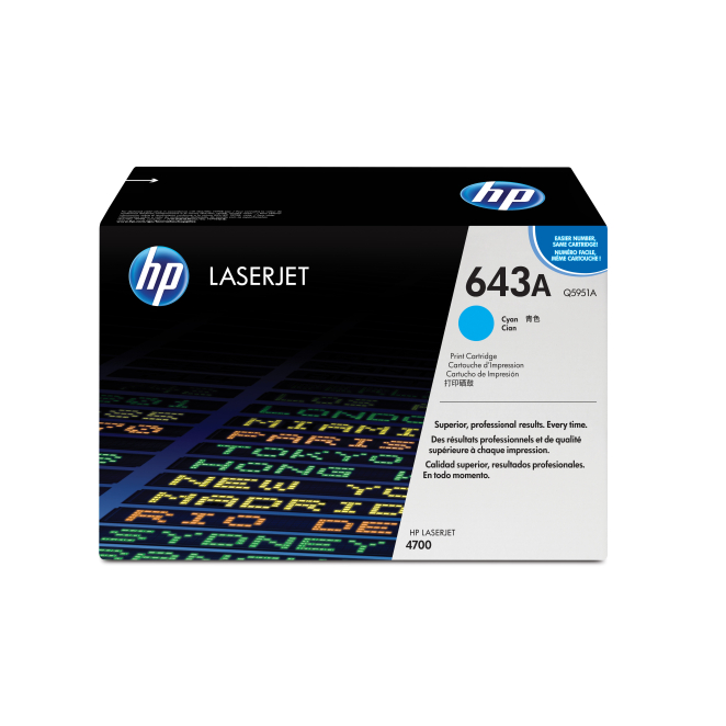 HP Cartucho de tóner original LaserJet 643A cian de alto rendimiento HP Cartucho de tóner original LaserJet 643A en color cian para impresoras, SKU Q5951A