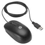 Imagen del ratón óptico USB HP con rueda de desplazamiento, modelo QY777AA, mostrando su diseño ergonómico y conexión USB