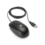 Imagen del ratón óptico USB HP con rueda de desplazamiento, modelo QY777AA, mostrando su diseño ergonómico y conexión USB