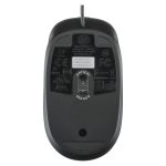 Imagen del ratón óptico USB HP con rueda de desplazamiento, modelo QY777AA, mostrando su diseño ergonómico y conexión USB