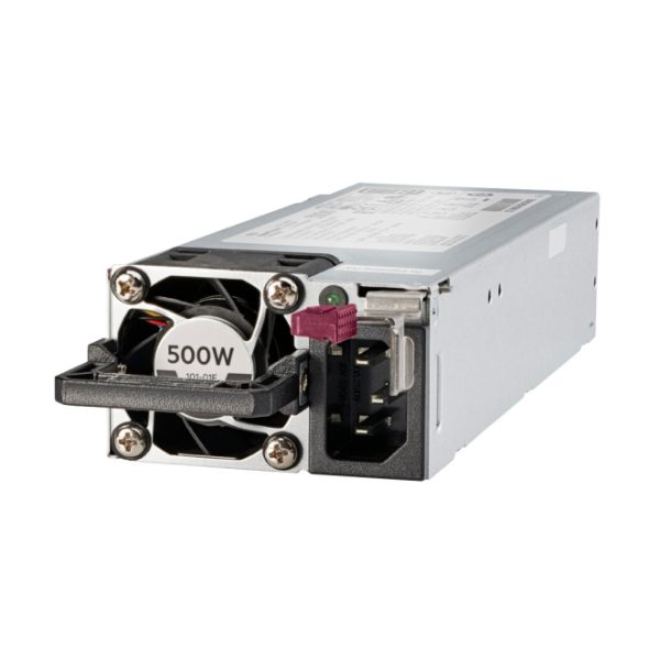 Fuente de alimentación HPE de 500W con slot flexible, características incluyen Platinum Hot Plug y bajo contenido de halógenos. SKU 865408-B21.