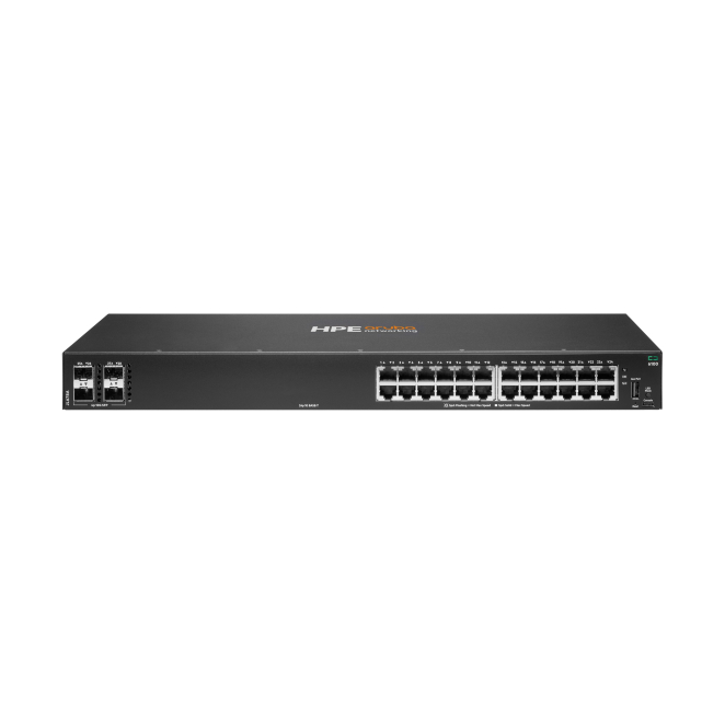 HPE Aruba CX 6100 Switch con 24 Puertos Gigabit y 4 SFP+ HPE Aruba Networking CX 6100 switch con 24 puertos Gigabit, 4 SFP+ y SKU JL678A