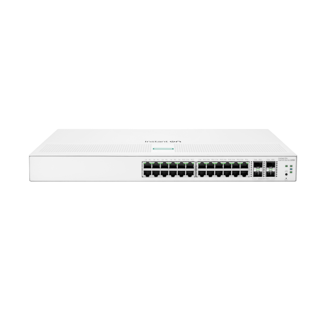 HPE Aruba Switch Instant On 24p Gigabit con 4p SFP+ HPE Aruba Networking Instant On Switch 24p Gigabit 4p SFP+, SKU JL682A. Ideal para redes de alta velocidad y eficiencia.