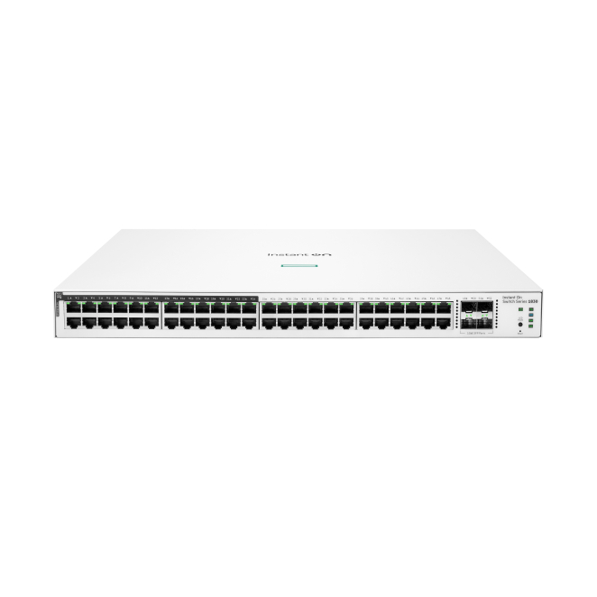 HPE Aruba Networking Switch 48p Gigabit CL4 PoE 4p SFP HPE Aruba Networking Instant On Switch 48p Gigabit con características PoE, 4 puertos SFP y potencia de 370W. SKU: JL815A