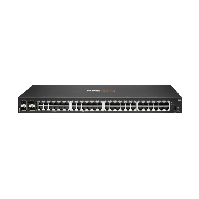 HPE Aruba Networking Switch CX 6000 48G con 4 Puertos SFP Imagen del HPE Aruba Networking CX 6000 48G 4SFP Switch con especificaciones R8N86A, incluye 48 puertos Gigabit y 4 ranuras SFP para conectividad avanzada