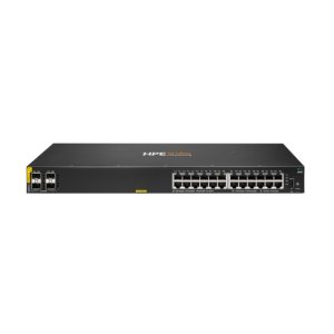 Imagen del switch HPE Aruba Networking CX 6000 24G Class4 PoE con 4 puertos SFP y potencia de 370W, SKU R8N87A