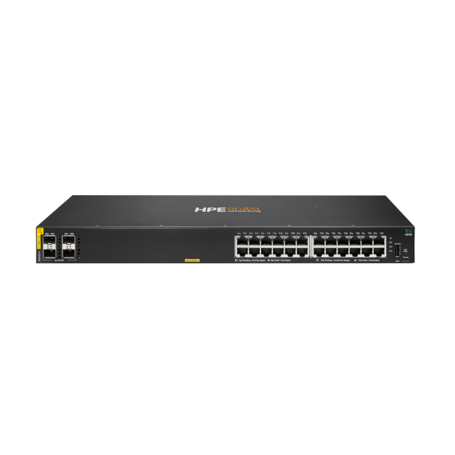 HPE Aruba Networking Switch CX 6000 24G Class4 PoE Imagen del switch HPE Aruba Networking CX 6000 24G Class4 PoE con 4 puertos SFP y potencia de 370W, SKU R8N87A