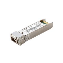 Vista del HPE Aruba Networking Instant On 10G SFP+ LC SR 300m OM3 MMF Transceiver, SKU R9D18A, con conector LC y soporte para hasta 300 metros.