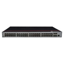 Vista frontal del switch Huawei CloudEngine S5735-L48T4S-A1 gestionado L2 Gigabit Ethernet con 48 puertos, PoE, en color negro y gris, SKU S5735-L48T4S-A1