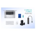 Hub de i-tec metálico con 2 puertos USB 3.0 y 2 puertos USB-C, velocidad de 10 Gbps. SKU: C31HUBMETAL2A2C