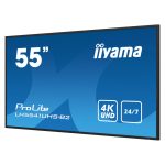 Pantalla de señalización iiyama LCD de 54.6 pulgadas, 4K Ultra HD, modelo LH5541UHS-B2, con procesador incorporado y brillo de 500 cd/m². Ideal para diseño de quiosco.