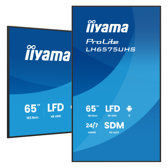iiyama pantalla de señalización digital 64.5” 4K con Android 11 iiyama LH6575UHS-B2AG pantalla de señalización LCD de 64.5 pulgadas, 4K Ultra HD, Wifi, procesador Android 11, brillo de 500 cd/m², 24/7, Negro.