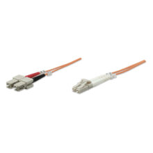 Imagen mostrando el Intellinet 3.0m LC-SC M/M Cable de fibra óptica de alta velocidad en color naranja, ideal para InfiniBand y centro de datos. SKU 470384