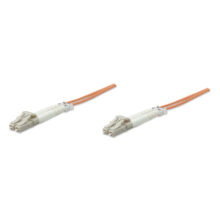 Cable de fibra óptica naranja de 1.0m con conectores LC M/M, marca Intellinet, SKU 471206. Ideal para conexiones InfiniBand y centros de datos.