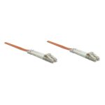 Cable de fibra óptica naranja de 1.0m con conectores LC M/M, marca Intellinet, SKU 471206. Ideal para conexiones InfiniBand y centros de datos.