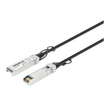 Cable de Fibra Óptica Intellinet 508421 de 2 metros en colores negro y plata, ideal para conexiones SFP+ y InfiniBand