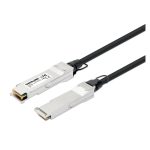 Cable de fibra óptica Intellinet de 1 metro con conectores QSFP+ en colores negro y plata, SKU 508506, ideal para centros de datos y conexiones InfiniBand.