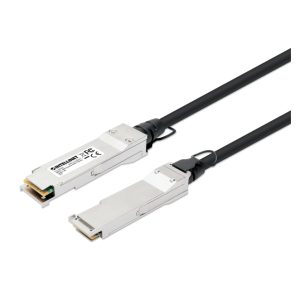 Cable de fibra óptica Intellinet de 1 metro con conectores QSFP+ en colores negro y plata, SKU 508506, ideal para centros de datos y conexiones InfiniBand.